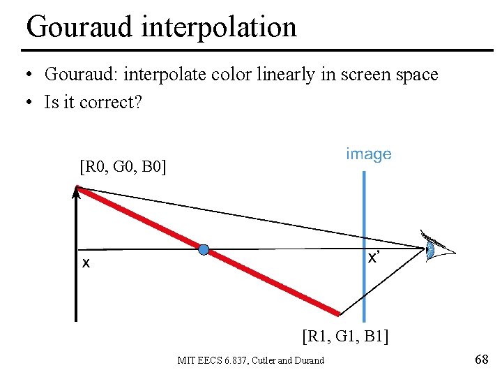 Gouraud interpolation • Gouraud: interpolate color linearly in screen space • Is it correct?