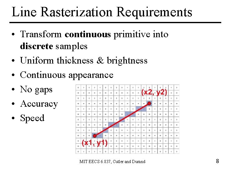 Line Rasterization Requirements • Transform continuous primitive into discrete samples • Uniform thickness &