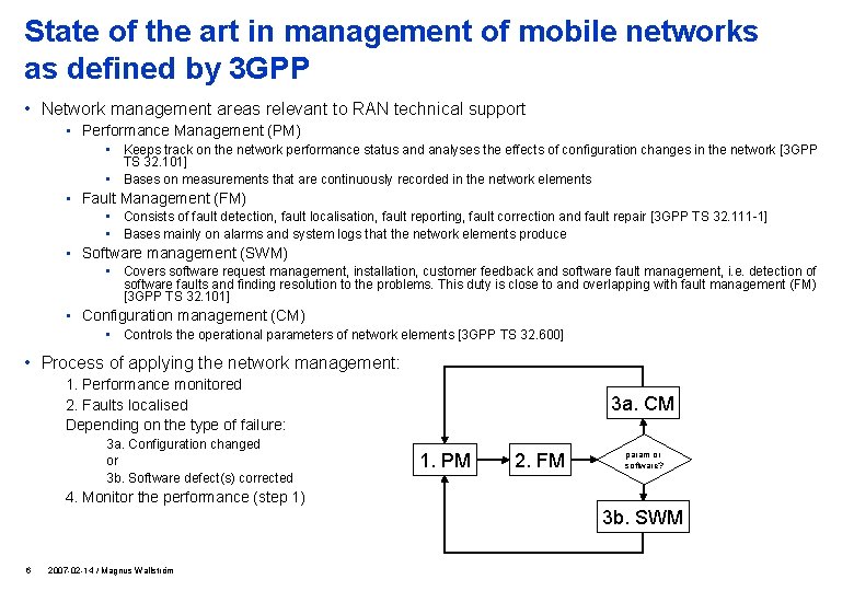 State of the art in management of mobile networks as defined by 3 GPP