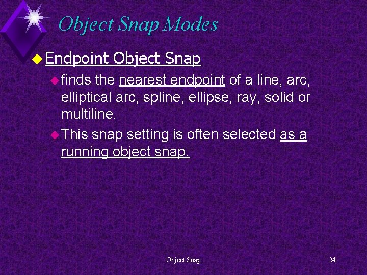 Object Snap Modes u Endpoint Object Snap u finds the nearest endpoint of a