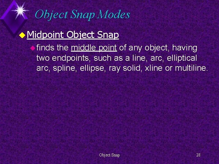 Object Snap Modes u Midpoint Object Snap u finds the middle point of any