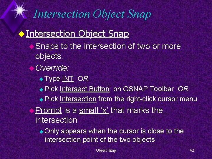 Intersection Object Snap u Snaps to the intersection of two or more objects. u