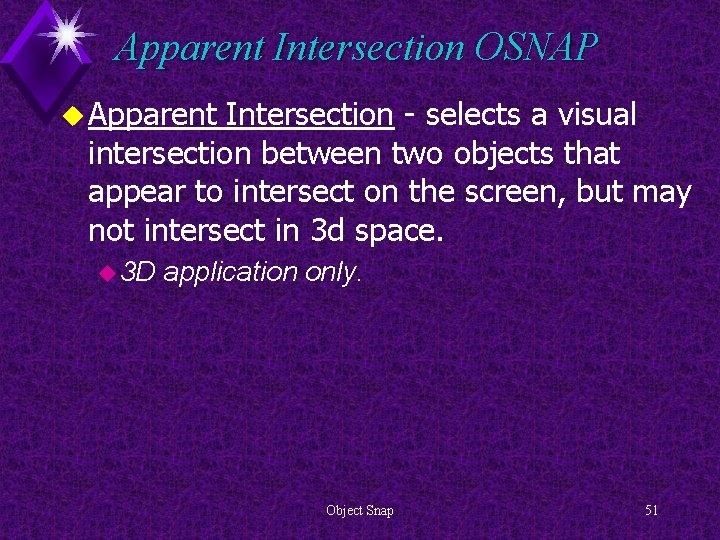 Apparent Intersection OSNAP u Apparent Intersection - selects a visual intersection between two objects