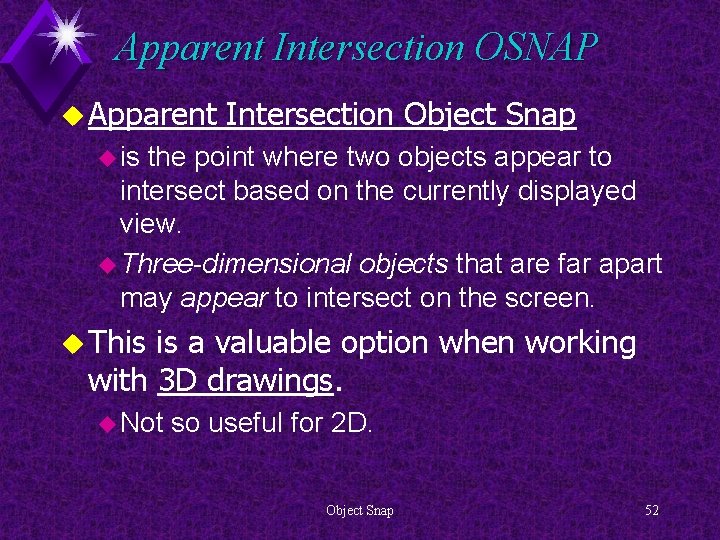 Apparent Intersection OSNAP u Apparent Intersection Object Snap u is the point where two