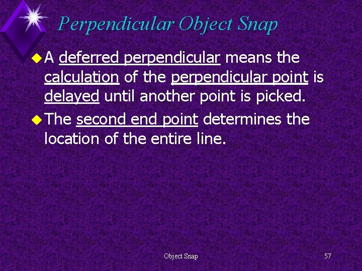 Perpendicular Object Snap u. A deferred perpendicular means the calculation of the perpendicular point