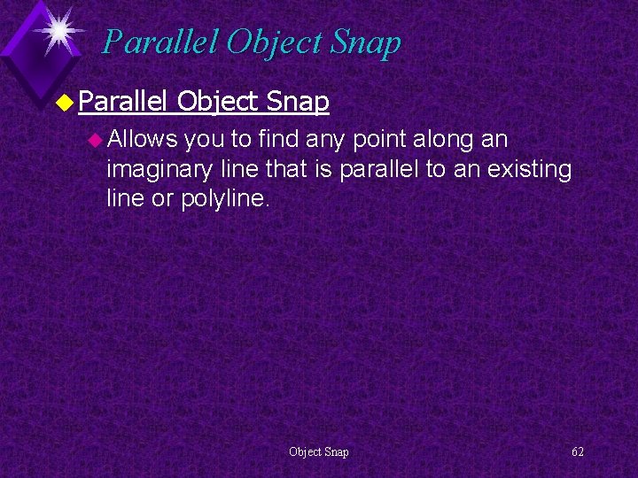 Parallel Object Snap u Allows you to find any point along an imaginary line