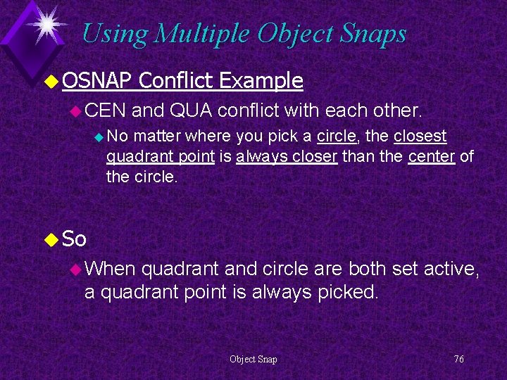 Using Multiple Object Snaps u OSNAP u CEN Conflict Example and QUA conflict with