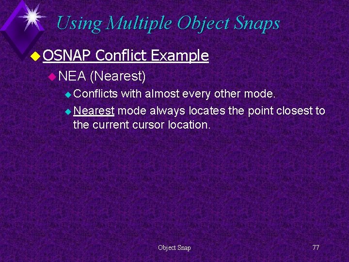 Using Multiple Object Snaps u OSNAP u NEA Conflict Example (Nearest) u Conflicts with