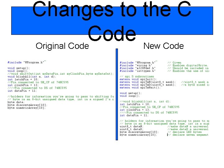 Changes to the C Code Original Code New Code 