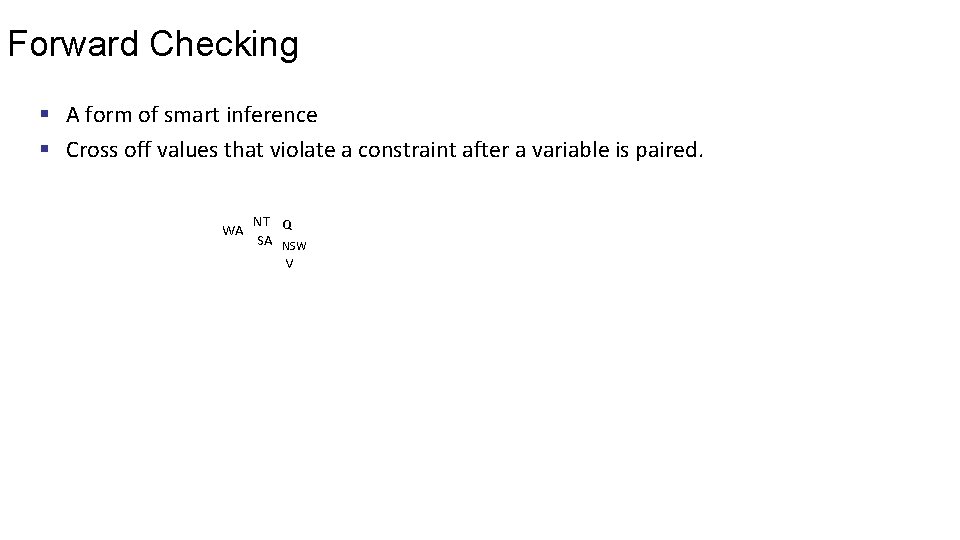 Forward Checking § A form of smart inference § Cross off values that violate