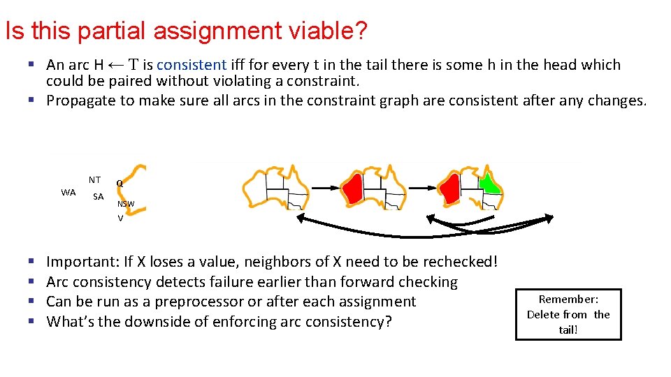 Is this partial assignment viable? § An arc H ← T is consistent iff