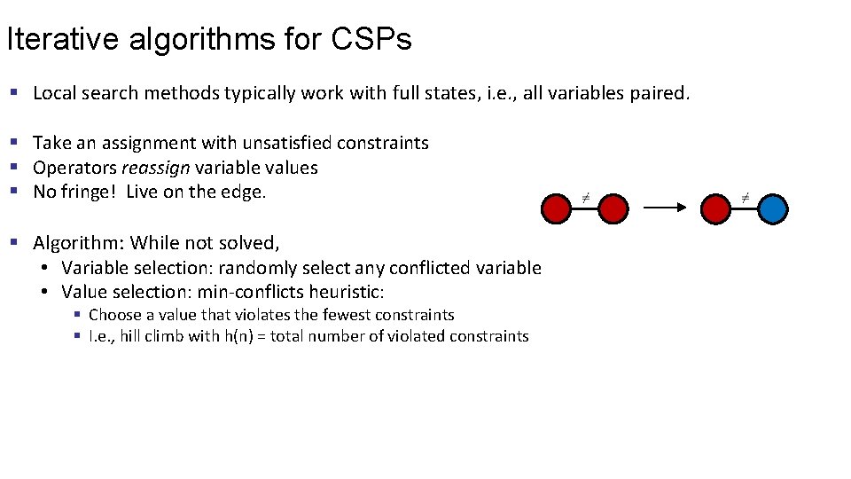 Iterative algorithms for CSPs § Local search methods typically work with full states, i.