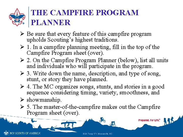 THE CAMPFIRE PROGRAM PLANNER Ø Be sure that every feature of this campfire program