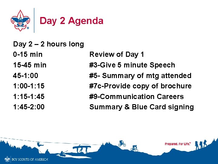 Day 2 Agenda Day 2 – 2 hours long 0 -15 min 15 -45