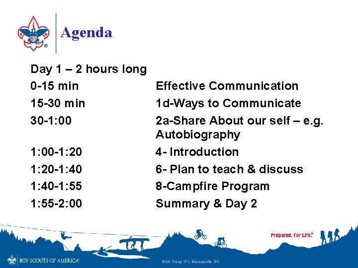 Agenda Day 1 – 2 hours long 0 -15 min Effective Communication 15 -30