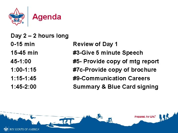 Agenda Day 2 – 2 hours long 0 -15 min 15 -45 min 45