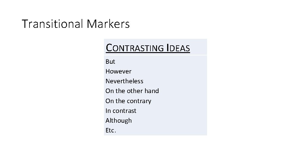 Transitional Markers CONTRASTING IDEAS But However Nevertheless On the other hand On the contrary