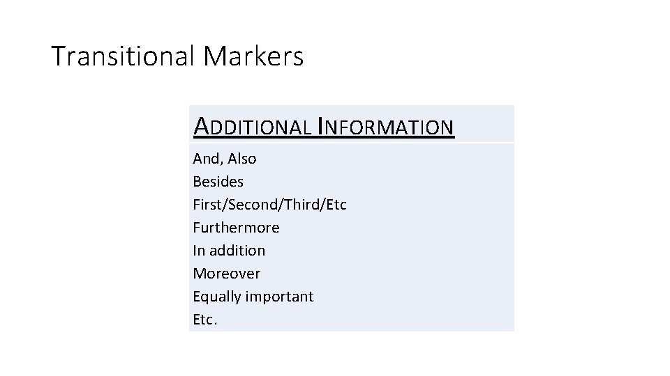 Transitional Markers ADDITIONAL INFORMATION And, Also Besides First/Second/Third/Etc Furthermore In addition Moreover Equally important