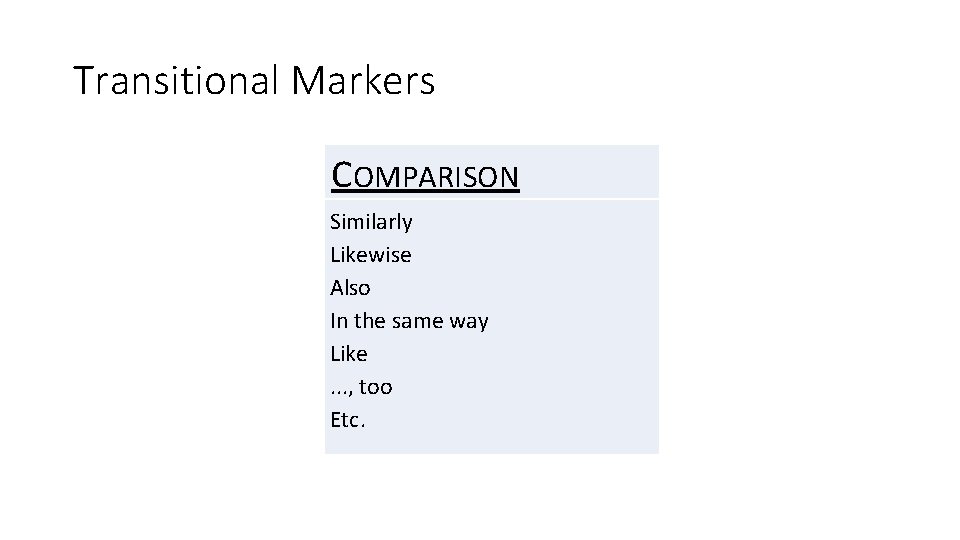 Transitional Markers COMPARISON Similarly Likewise Also In the same way Like. . . ,