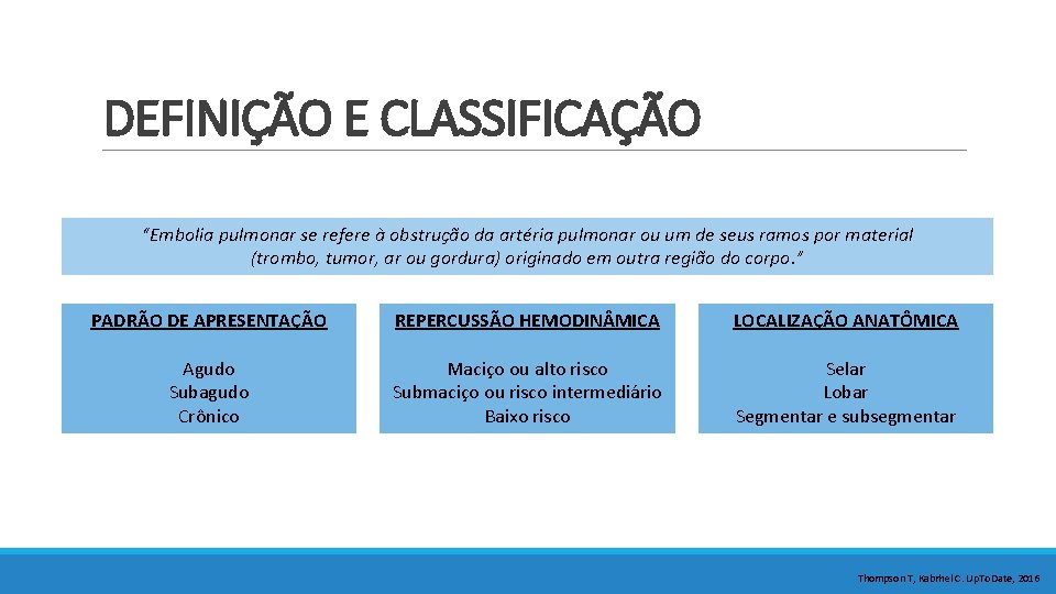 DEFINIÇÃO E CLASSIFICAÇÃO “Embolia pulmonar se refere à obstrução da artéria pulmonar ou um