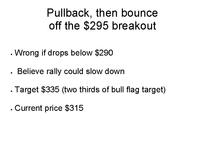 Pullback, then bounce off the $295 breakout Wrong if drops below $290 Believe rally