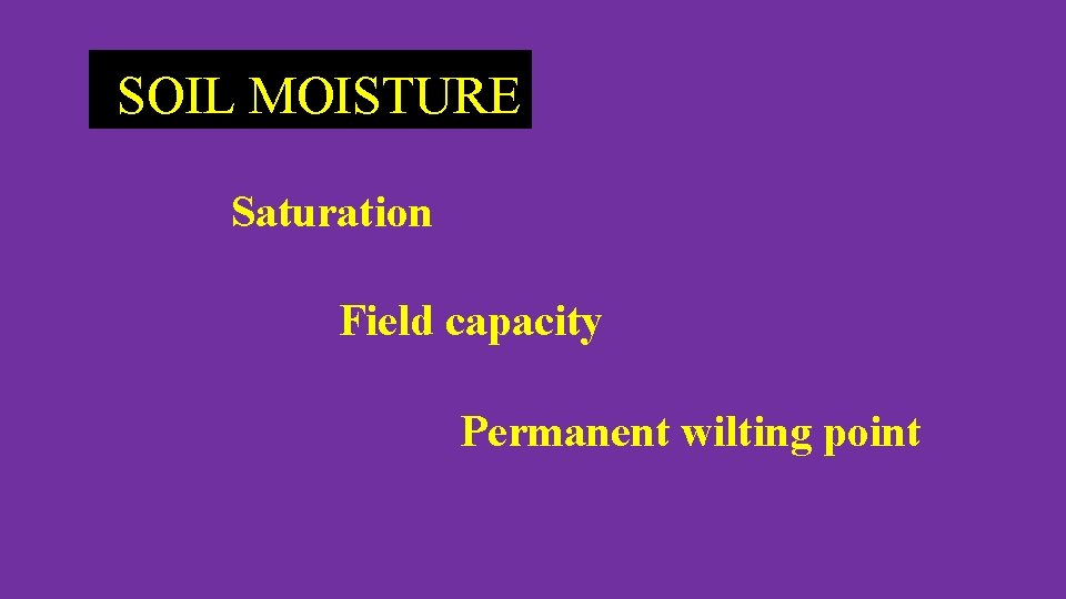 SOIL MOISTURE Saturation Field capacity Permanent wilting point 