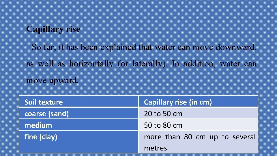 Capillary rise So far, it has been explained that water can move downward, as