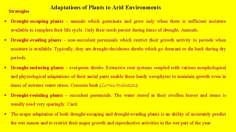 Strategies Adaptations of Plants to Arid Environments Drought-escaping plants – annuals which germinate and