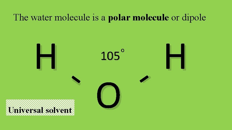 The water molecule is a polar molecule or dipole HUniversal solvent H O 105