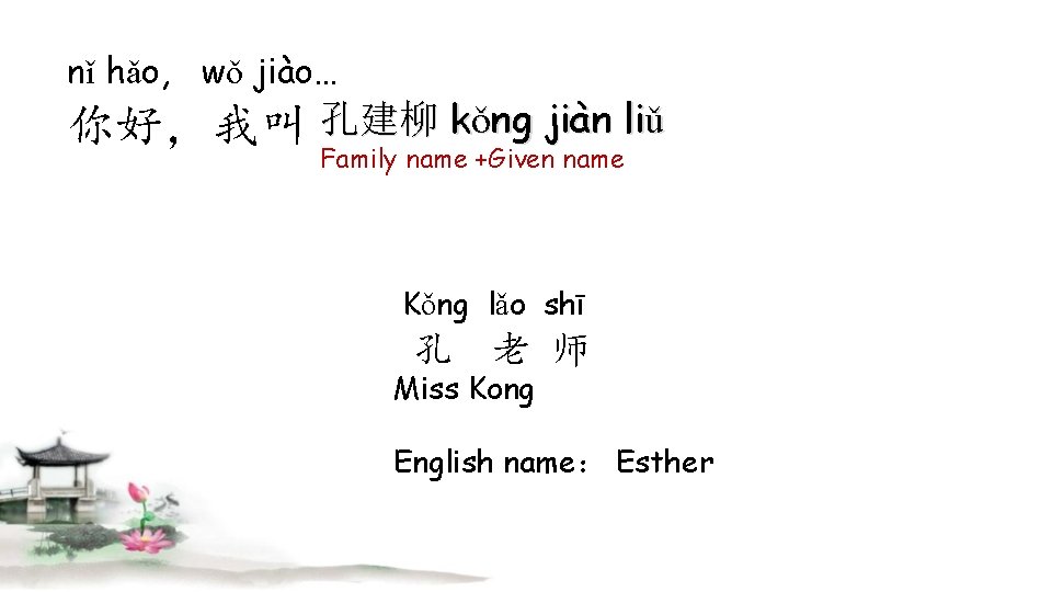 nǐ hǎo, wǒ jiào… 你好，我叫 孔建柳 kǒng jiàn liǔ Family name +Given name Kǒng