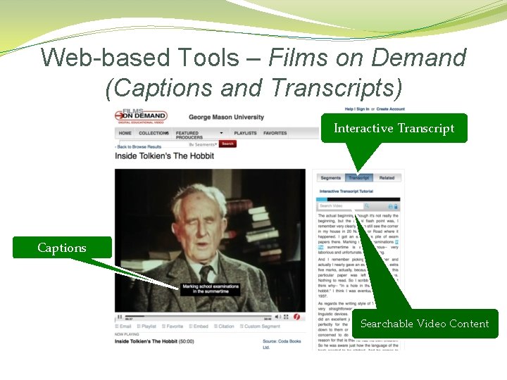 Web-based Tools – Films on Demand (Captions and Transcripts) Interactive Transcript Captions Searchable Video