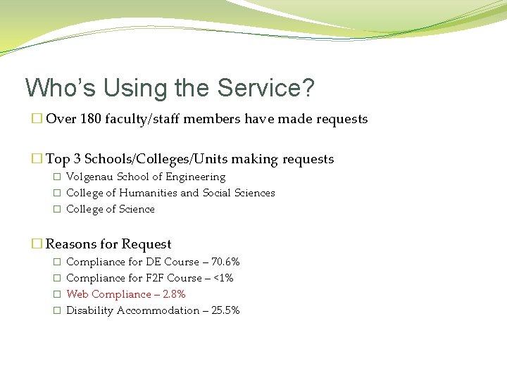 Who’s Using the Service? � Over 180 faculty/staff members have made requests � Top