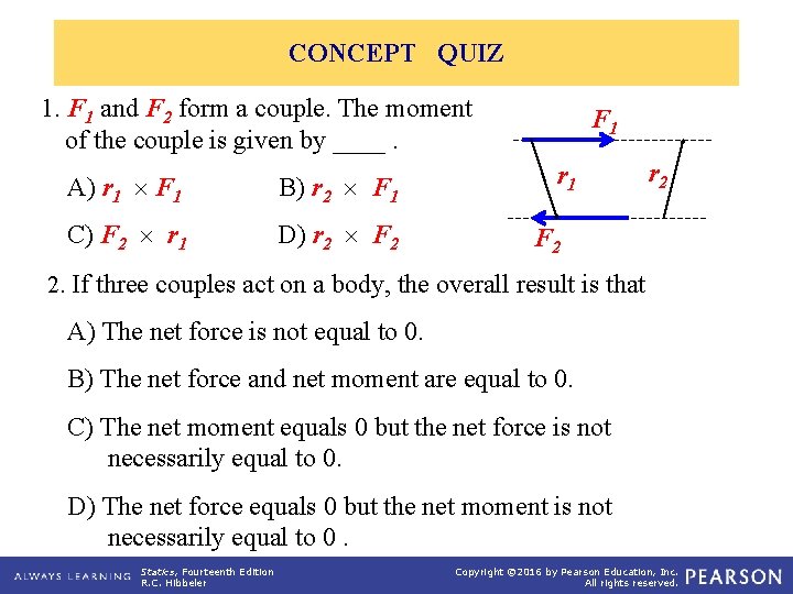 CONCEPT QUIZ 1. F 1 and F 2 form a couple. The moment of