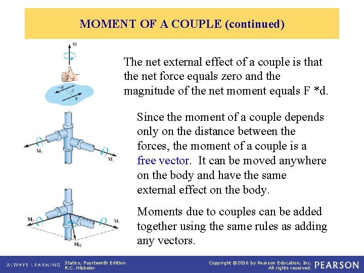 MOMENT OF A COUPLE (continued) The net external effect of a couple is that