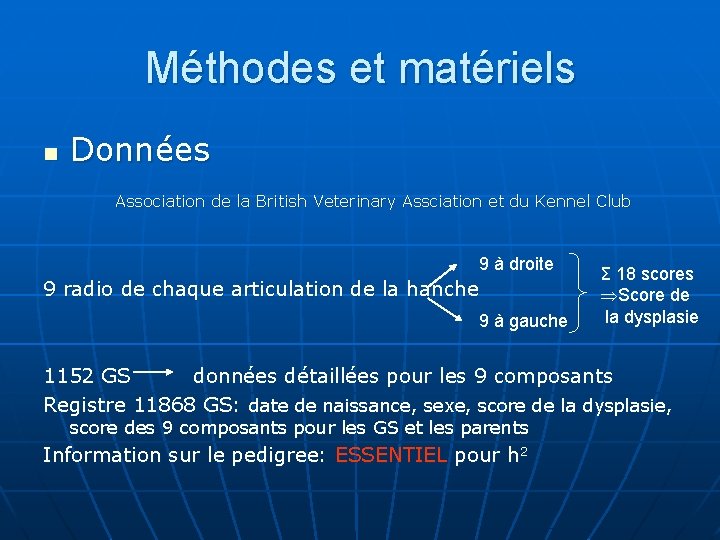 Méthodes et matériels n Données Association de la British Veterinary Assciation et du Kennel