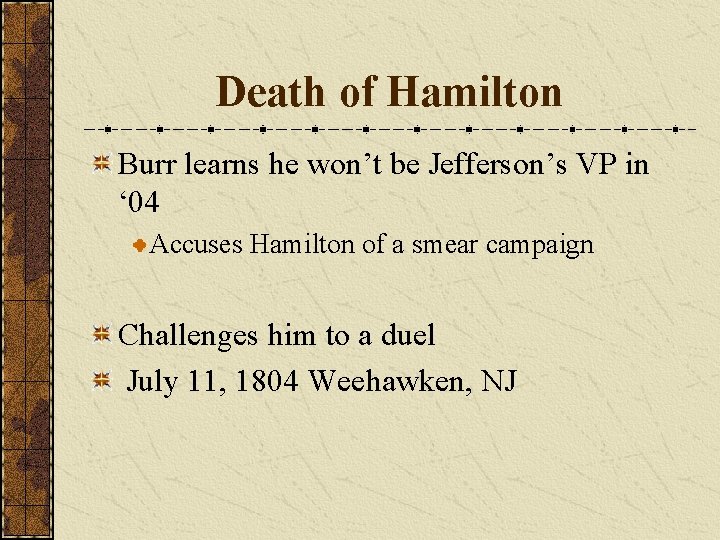 Death of Hamilton Burr learns he won’t be Jefferson’s VP in ‘ 04 Accuses