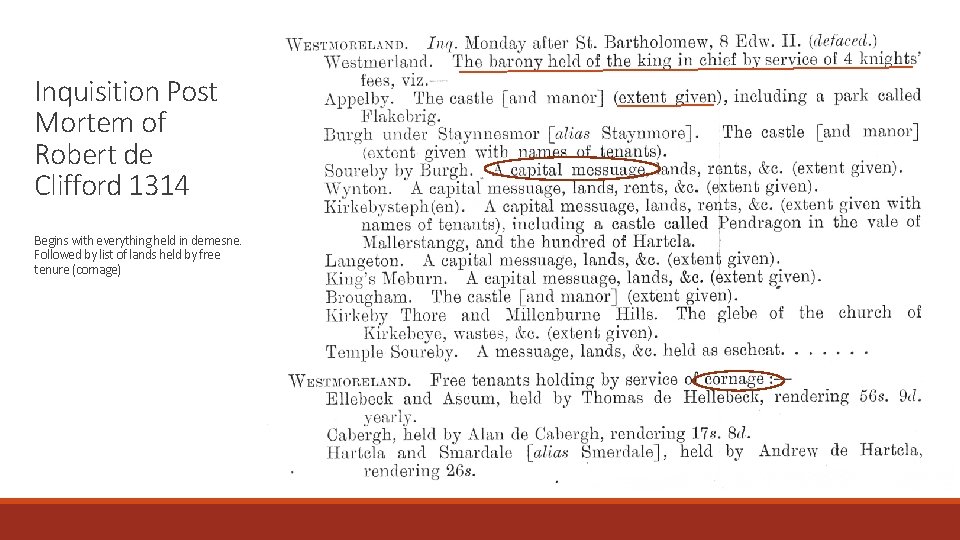 Inquisition Post Mortem of Robert de Clifford 1314 Begins with everything held in demesne.