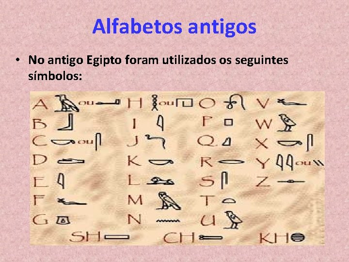 Alfabetos antigos • No antigo Egipto foram utilizados os seguintes símbolos: 