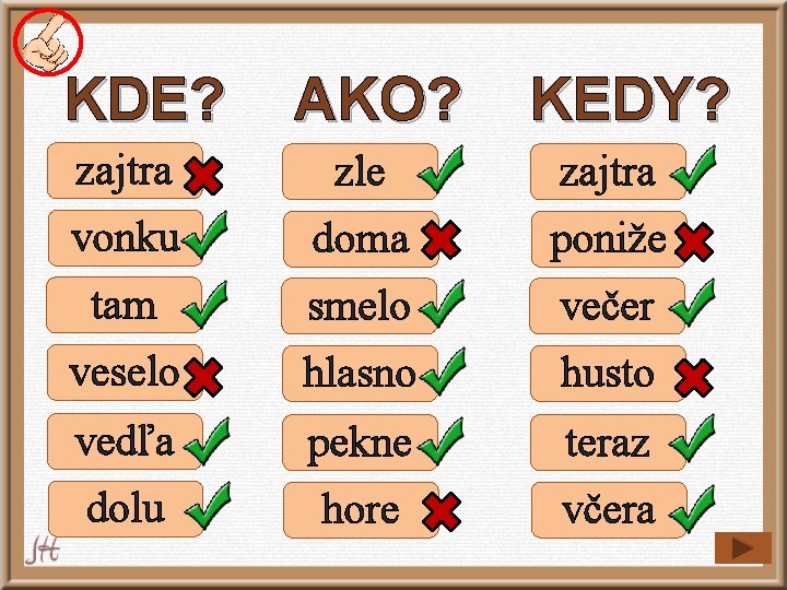 KDE? AKO? KEDY? zajtra zle zajtra vonku doma poniže tam smelo večer veselo hlasno KDE? AKO? KEDY? zajtra zle zajtra vonku doma poniže tam smelo večer veselo hlasno