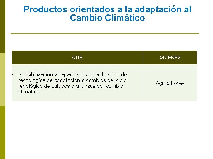 Productos orientados a la adaptación al Cambio Climático QUÉ • Sensibilización y capacitados en