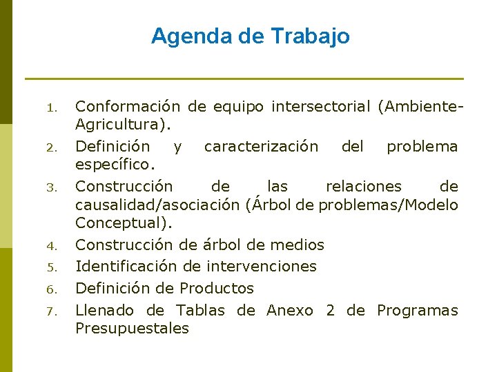 Agenda de Trabajo 1. 2. 3. 4. 5. 6. 7. Conformación de equipo intersectorial