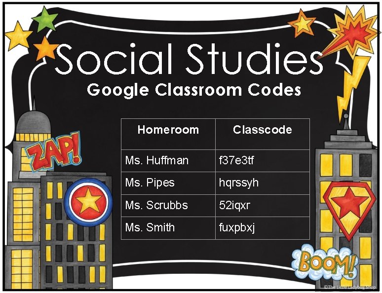 Social Studies Google Classroom Codes Homeroom Classcode Ms. Huffman f 37 e 3 tf
