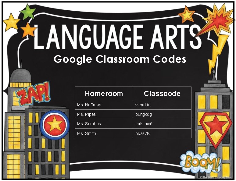 Google Classroom Codes Homeroom Classcode Ms. Huffman vkmdrfc Ms. Pipes pungxqg Ms. Scrubbs mrkchw