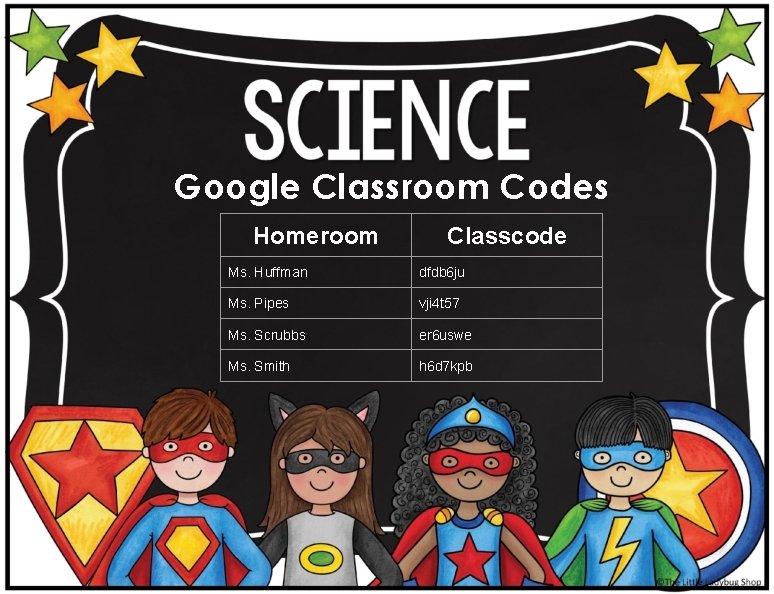 Google Classroom Codes Homeroom Classcode Ms. Huffman dfdb 6 ju Ms. Pipes vji 4