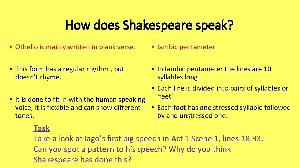 How does Shakespeare speak? • Othello is mainly written in blank verse. • Iambic