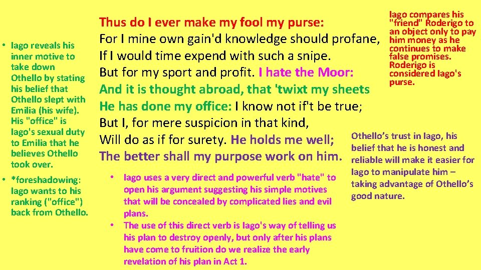  • Iago reveals his inner motive to take down Othello by stating his