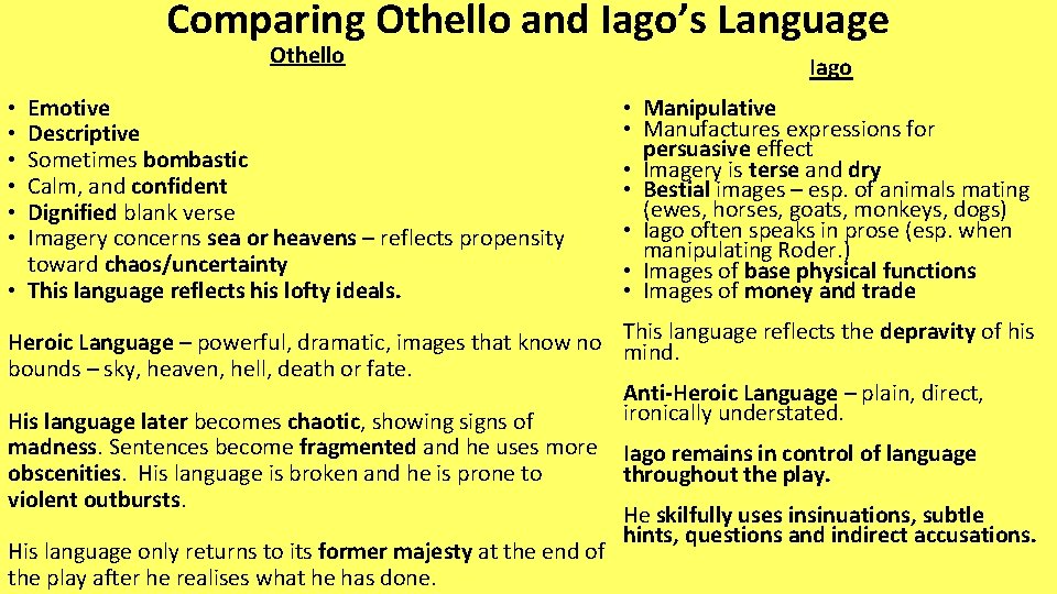 Comparing Othello and Iago’s Language Othello Emotive Descriptive Sometimes bombastic Calm, and confident Dignified