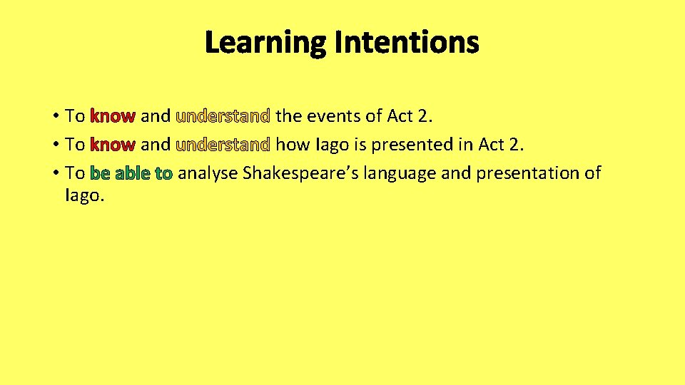 Learning Intentions • To know and understand the events of Act 2. • To