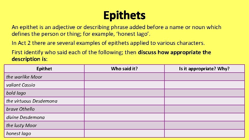 Epithets An epithet is an adjective or describing phrase added before a name or