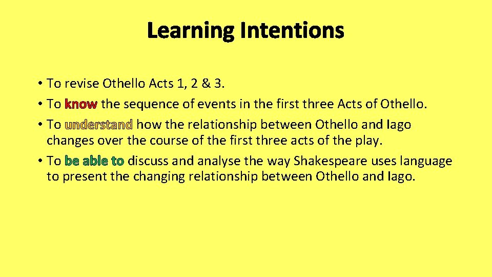 Learning Intentions • To revise Othello Acts 1, 2 & 3. • To know